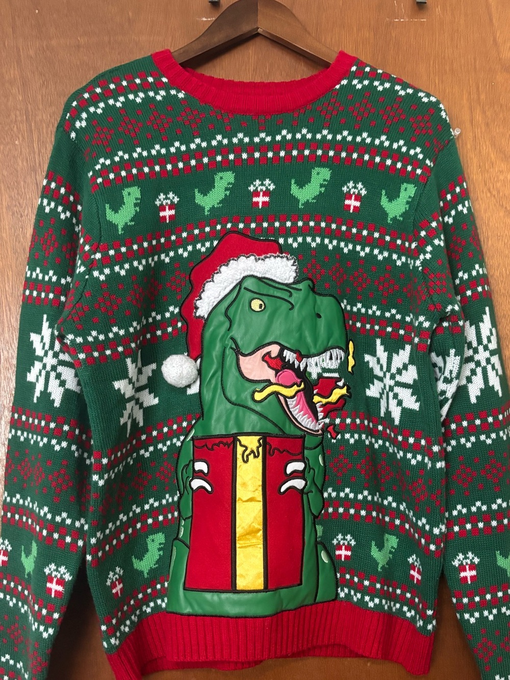 Men's Green 33 Degrees Ugly Dinosaur Christmas Sweater with Drink Pocket Sz L